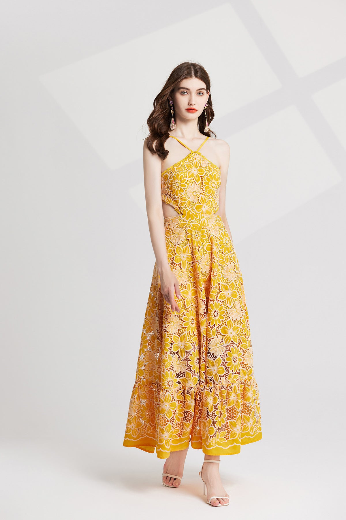 Luxury French Lace Halter Neck Holiday Breeze Black Dress - 829851111269_YEL