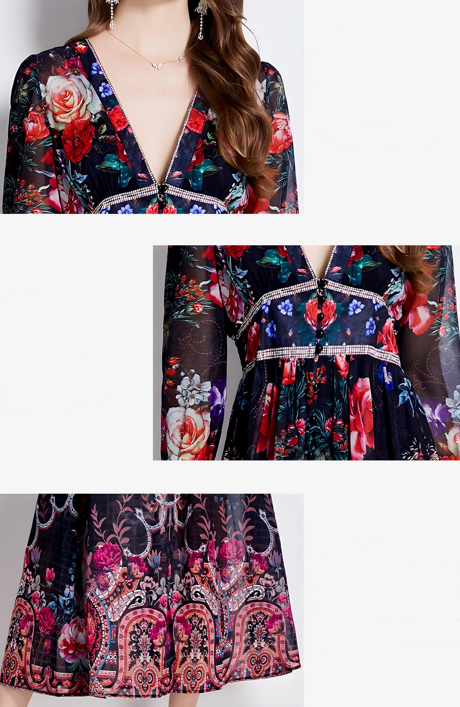 Printed Chiffon Plunging V - Neckline Elasticated Waist Front Split Long Dress - NRJ-720#2497 (EOSS)