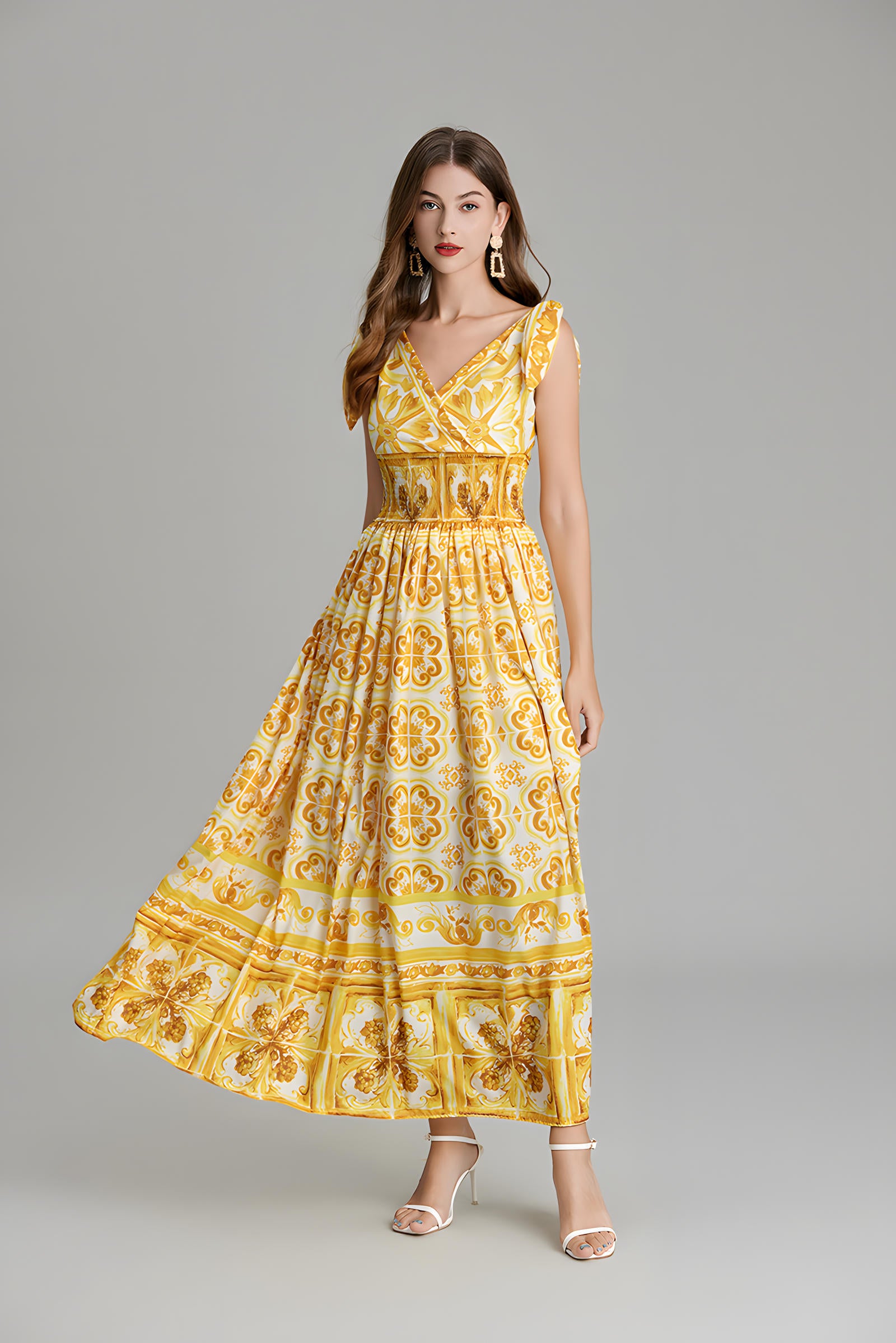 Celadon Print V-Neck Blue A Line Long Dress With Elasticated Wait - 815251322071_YEL