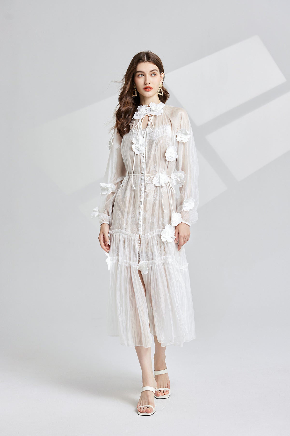 French Lace Floral Embellished Maxi Beach Dress with Lace Eyelash Sling And Bottoming Skirt - 834067027238