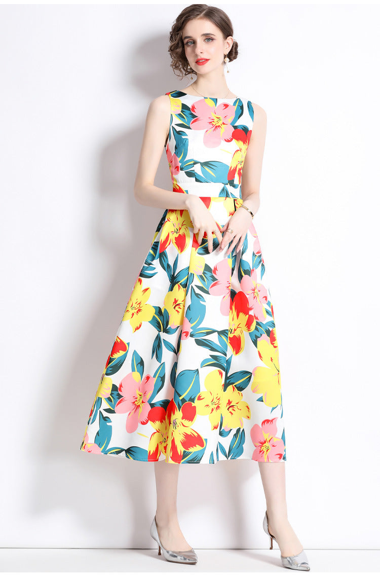 Sleeveless Boat Neck Fitted Vest Box Pleated Skirt Printed Satin Dress - 9069#701