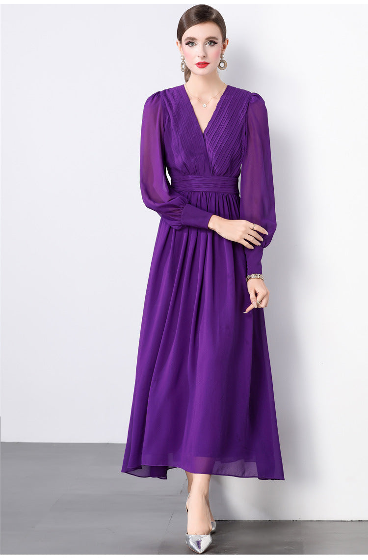 Lantern Sleeve Heat Set Pleated Bust Detailing V-Neck Chiffon Dress - 833281815952_PUR