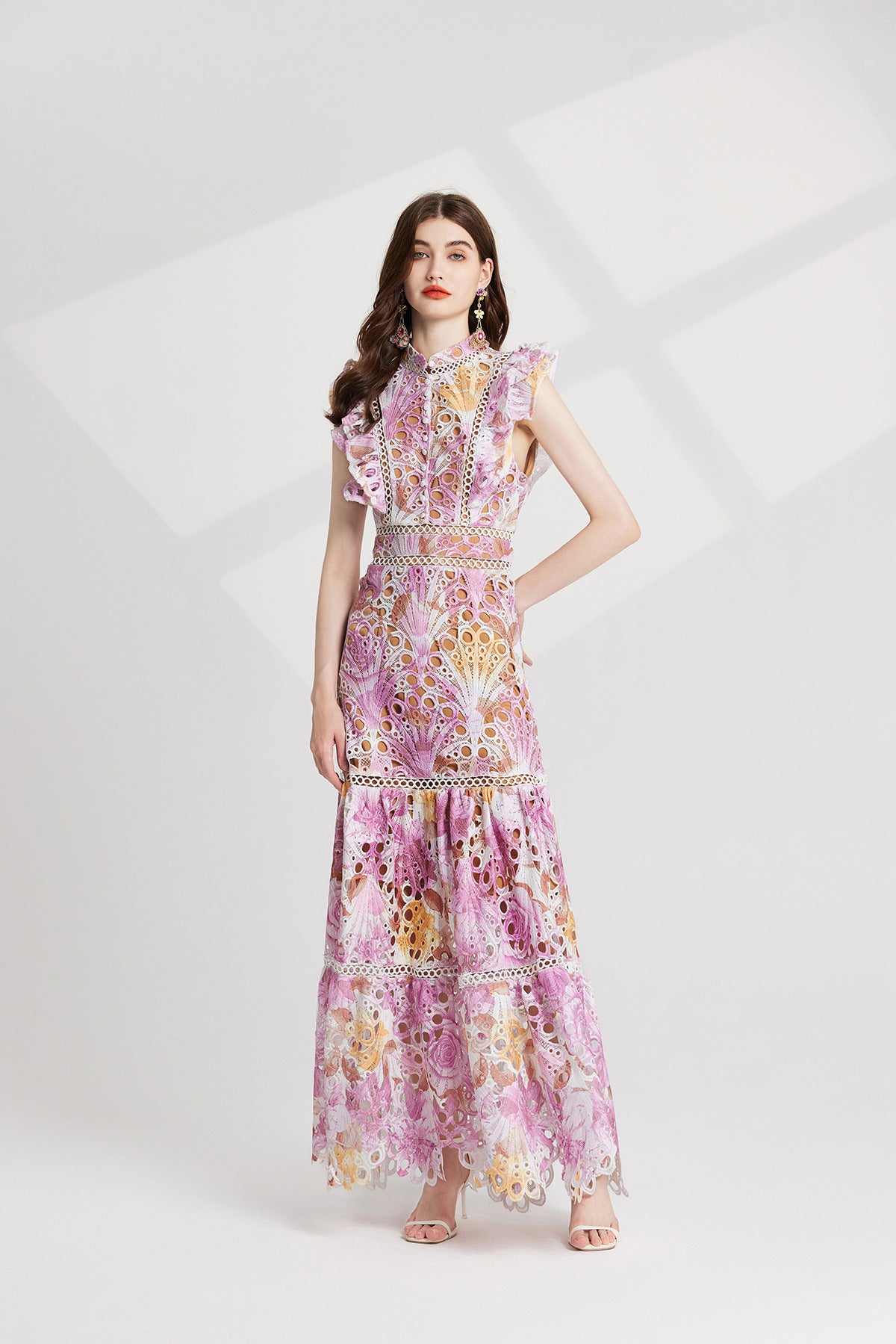 Luxury French Lace Pink Long Dress With Flutter Sleeve - 827491131616_PIN