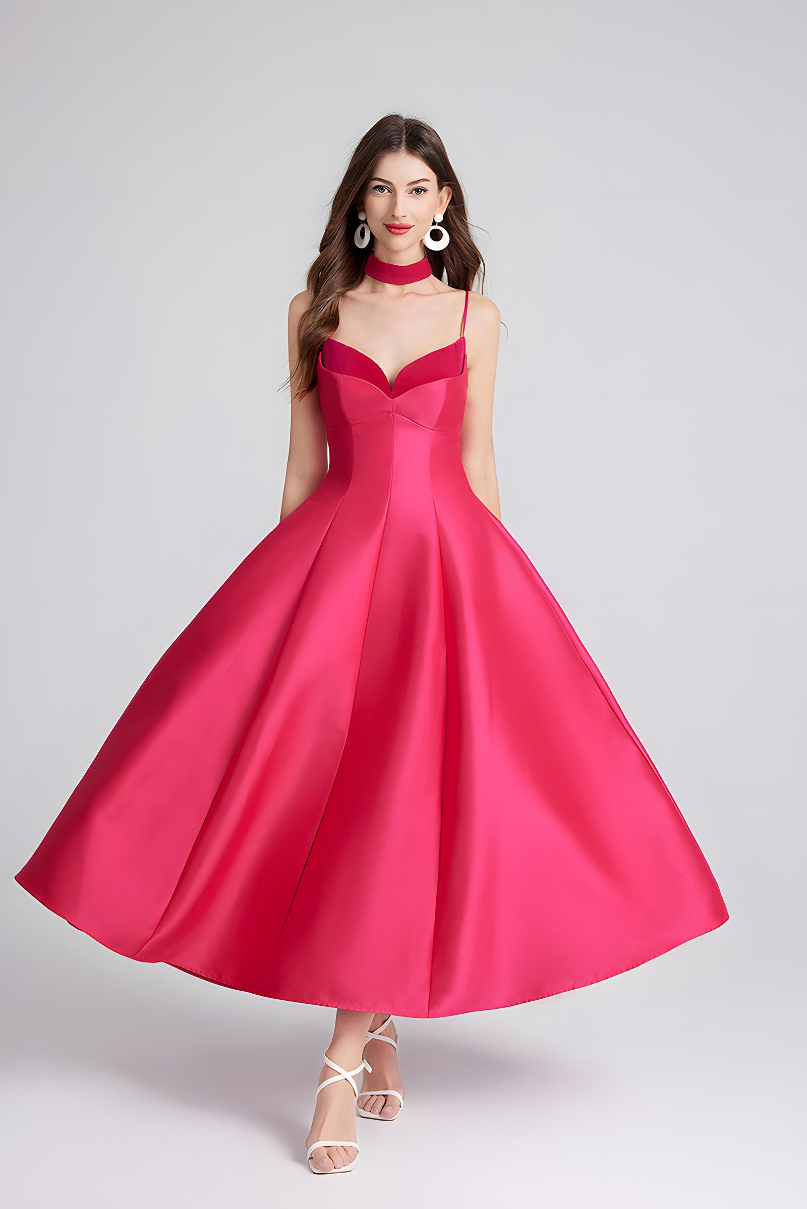 Sweetheart Neckline Rose Red Satin Party Dress with a Hepburn-Style Skirt Fitted Bodice and Neck Band - 800116697016_ROS