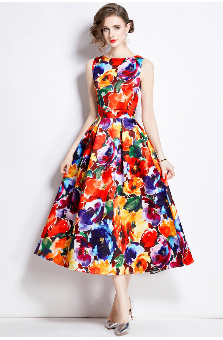 Sleeveless Boat Neck Fitted Vest Box Pleated Skirt Printed Satin Dress - 892#701