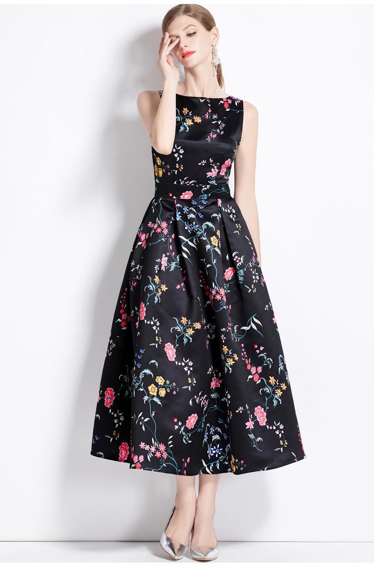 Sleeveless Boat Neck Fitted Vest Box Pleated Skirt Printed Satin Dress - 9088#701