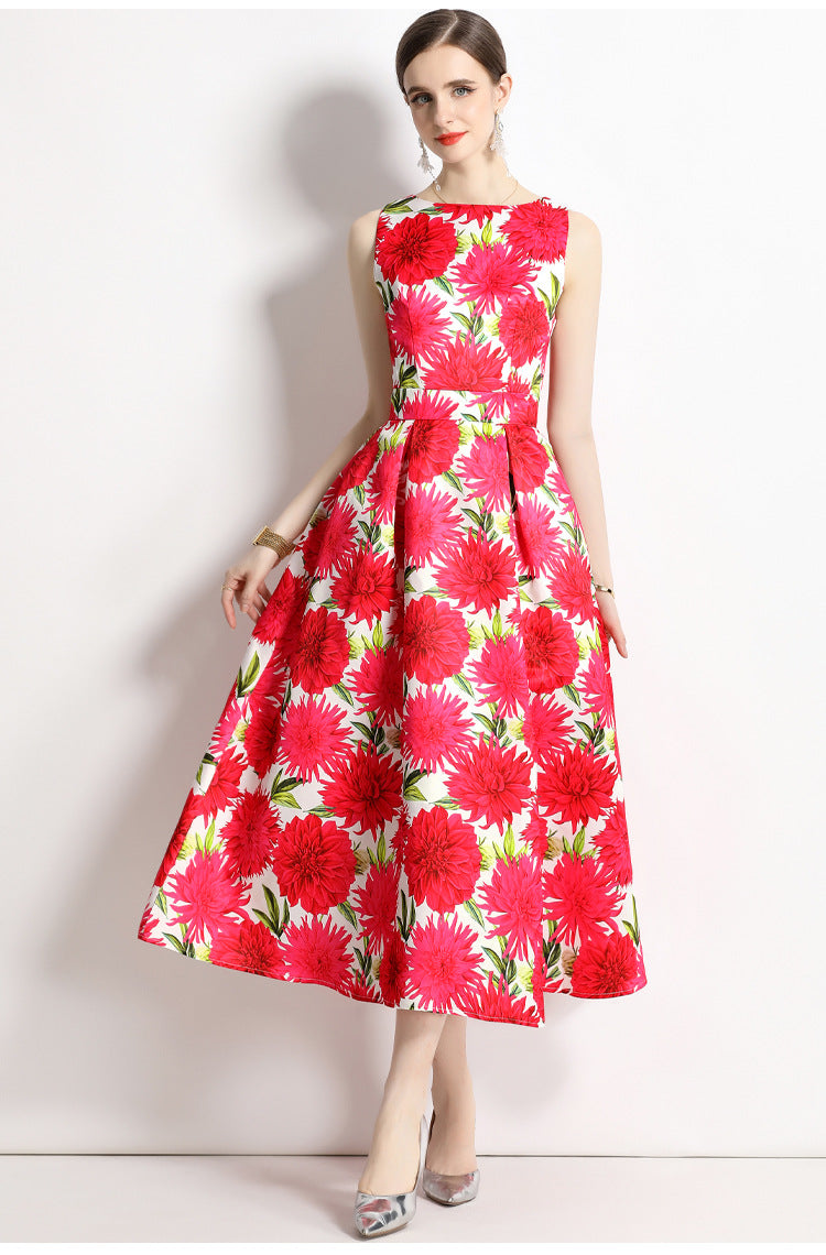 Sleeveless Boat Neck Fitted Vest Box Pleated Skirt Printed Satin Dress - 9006#701_BAS