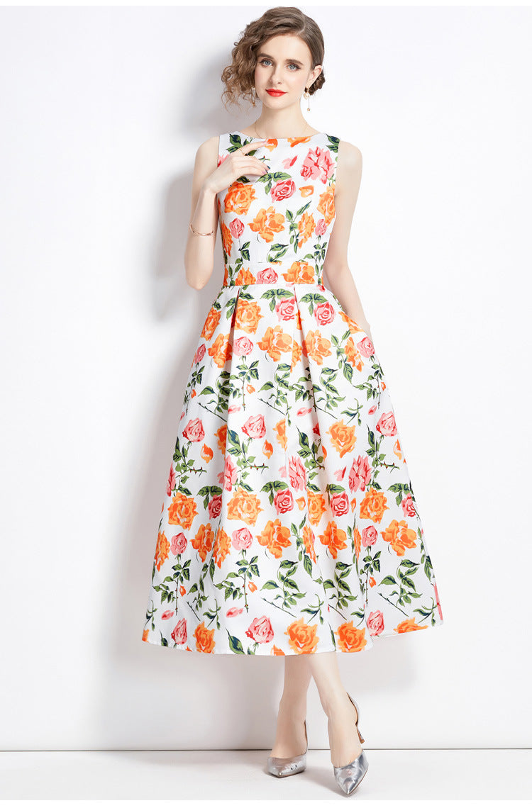 Sleeveless Boat Neck Fitted Vest Box Pleated Skirt Printed Satin Dress- 9053#701_BAS