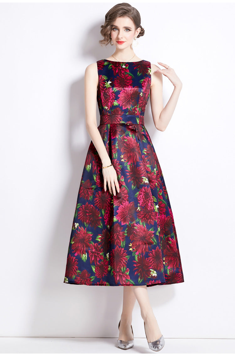 Sleeveless Boat Neck Fitted Vest Box Pleated Skirt Printed Satin Dress - 859#701