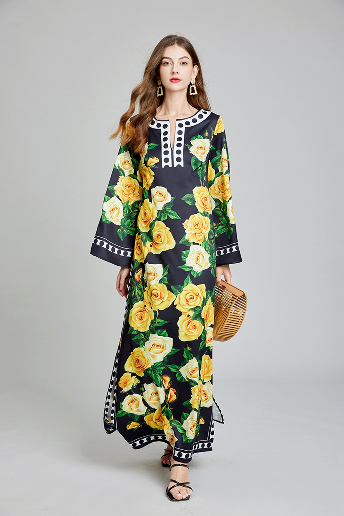 Golden Bloom Kaftan Yellow Dress with Vibrant Yellow Rose Floral Pattern - 818939592219_YEL