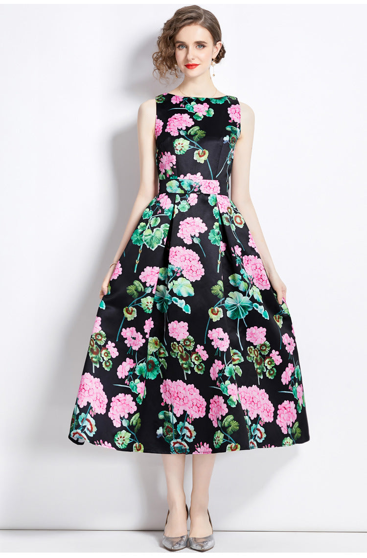 Sleeveless Boat Neck Fitted Vest Box Pleated Skirt Printed Satin Dress - 9055#701_BAS