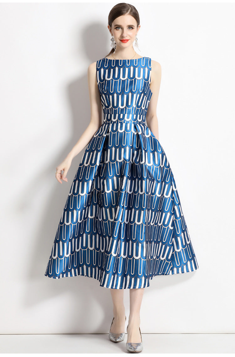 Sleeveless Boat Neck Fitted Vest Box Pleated Skirt Printed Satin Dress - 9015#701_BAS