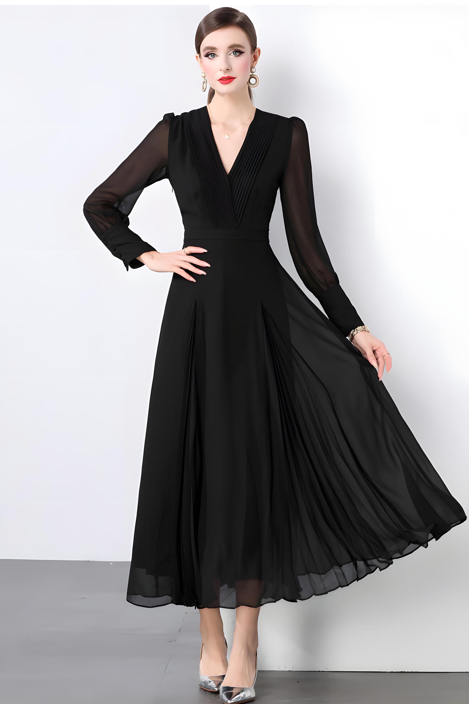 Lantern Sleeve Chiffon Dress with Pleated Bust and Box Pleat Skirt - 833900044434_BLA