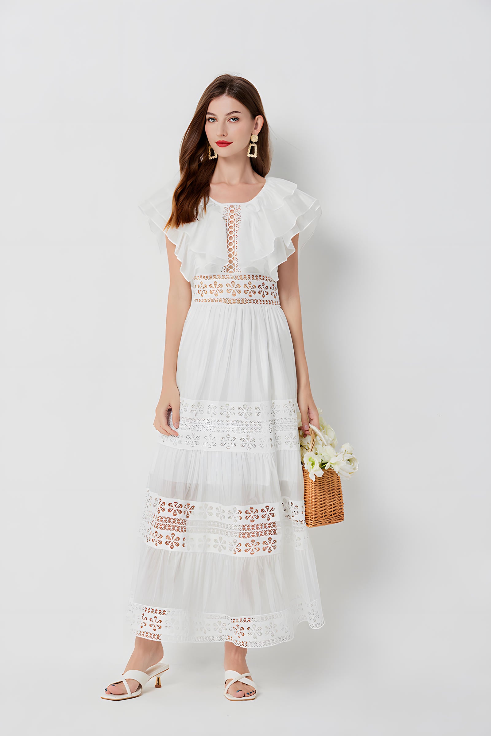 Summer Seaside Vacation French Lace White Long Dress - 812508106214_BAS