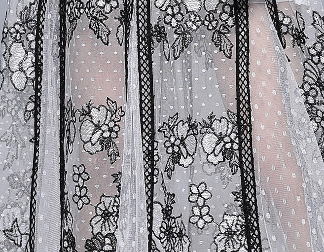 Embroidered Polka Dot Mesh and Lace White Black Dress  - 833884552896_BAS