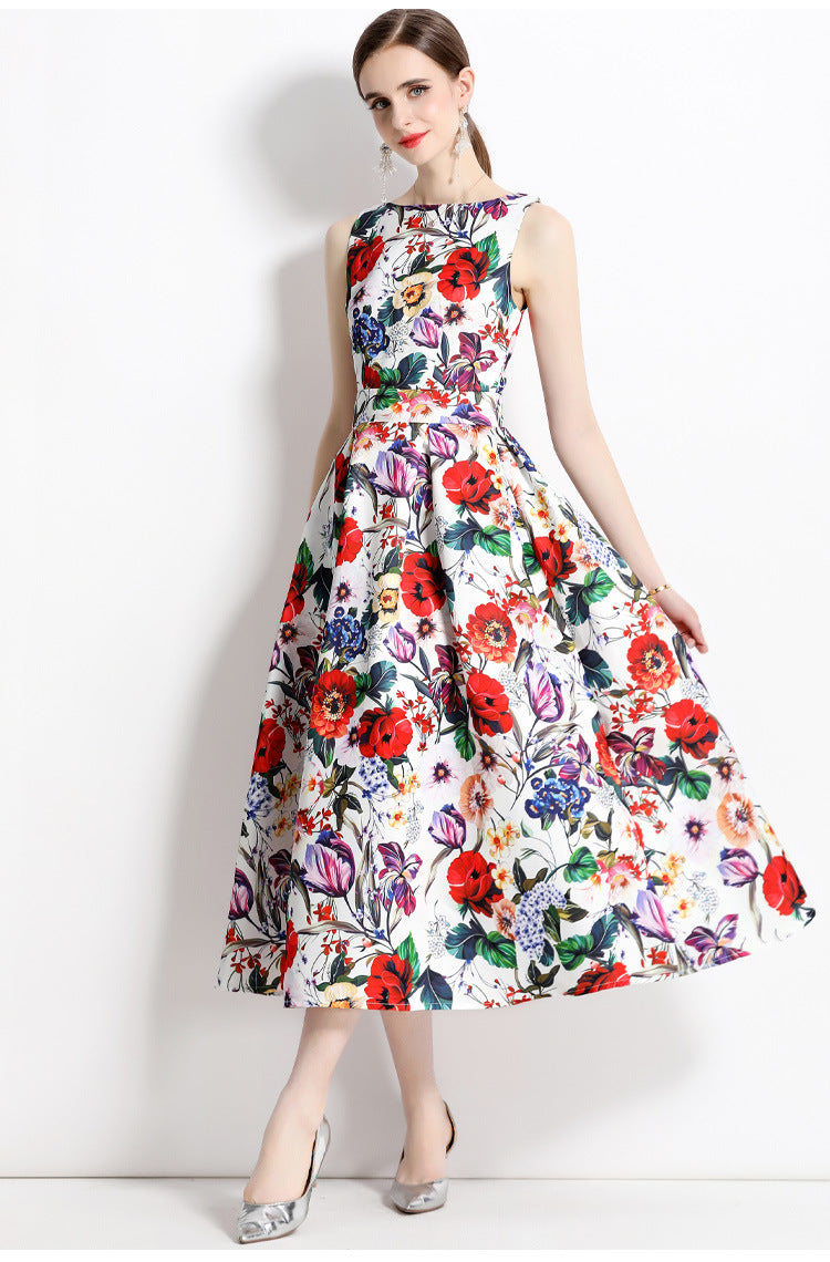 Sleeveless Boat Neck Fitted Vest Box Pleated Skirt Printed Satin Dress - 710550577474_BAS
