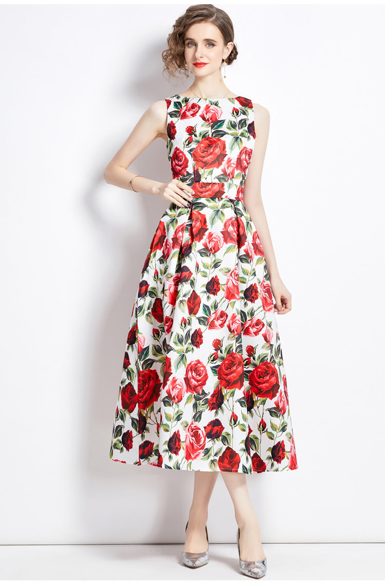 Sleeveless Boat Neck Fitted Vest Box Pleated Skirt Printed Satin Dress - 9054#701_BAS