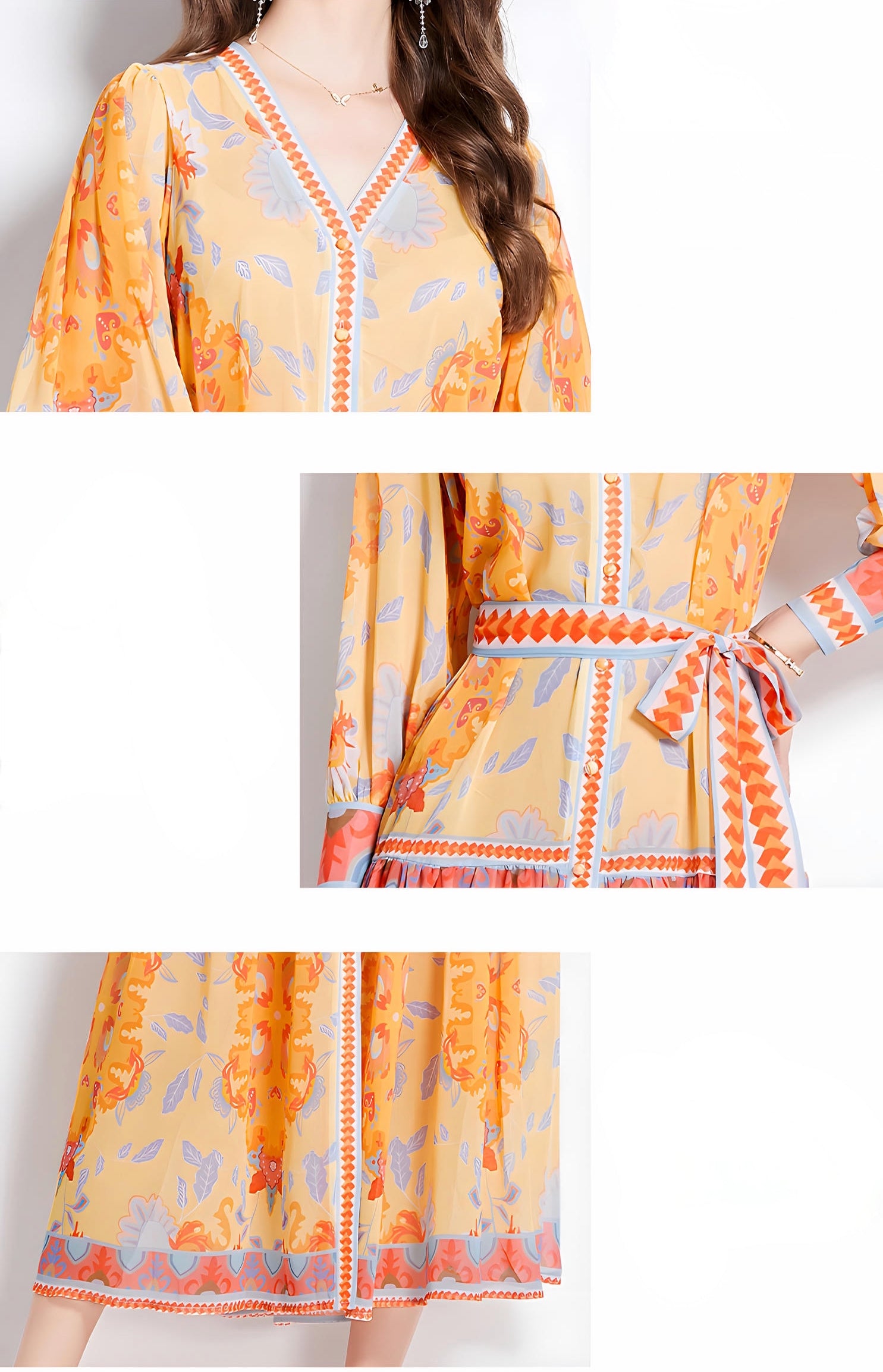 Printed Chiffon Plunging V - Neckline Front Split Long Dress With Waist Band - NRJ-720#2491