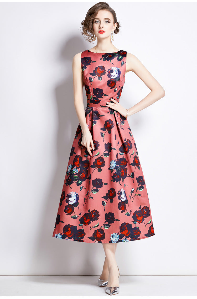 Sleeveless Boat Neck Fitted Vest Box Pleated Skirt Printed Satin Dress - 897#701