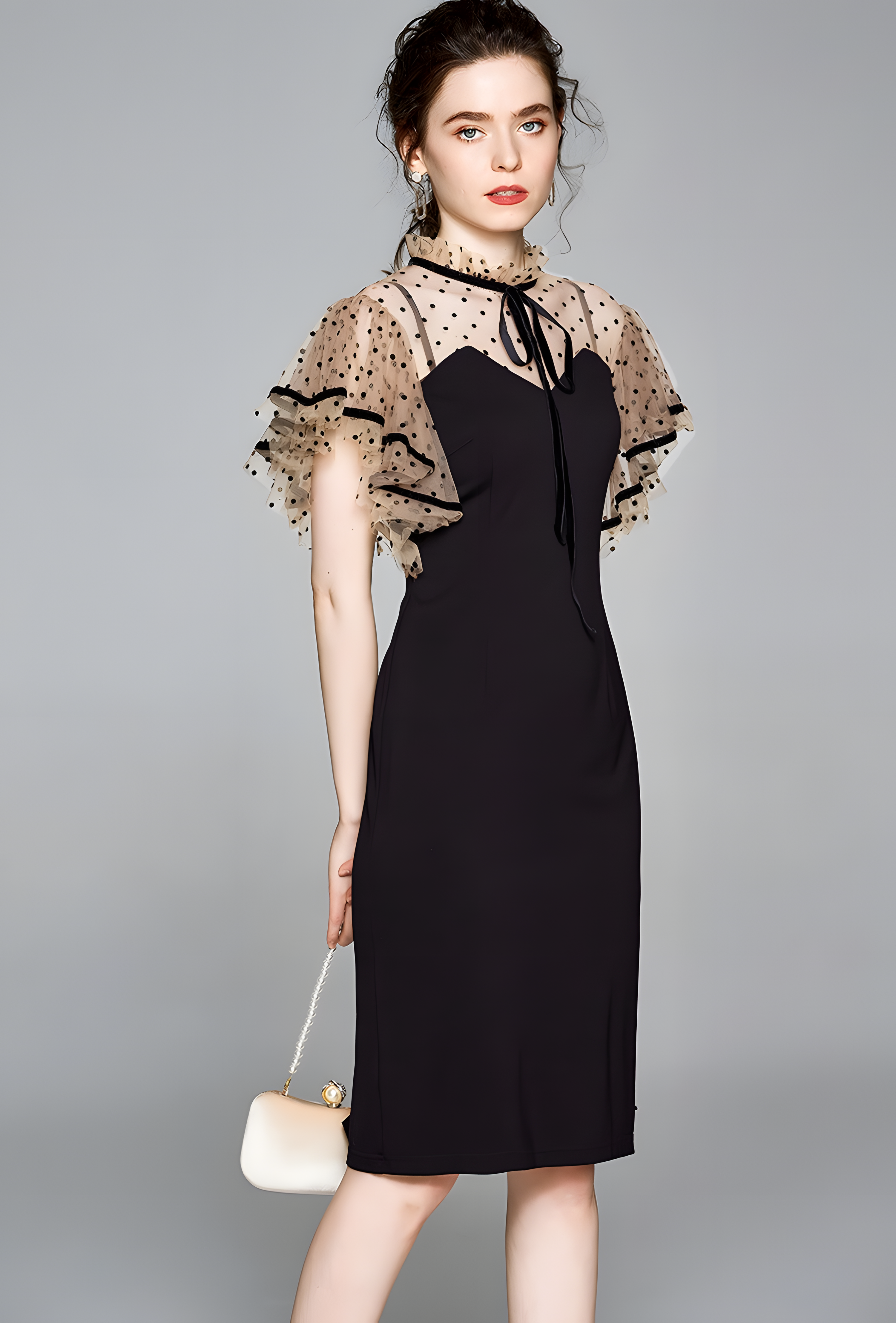 Butterfly Sleeve Satin Neck Bow Tie High Neck Polka Dot Mesh Black Sheath Dress - 618102369324_BAS