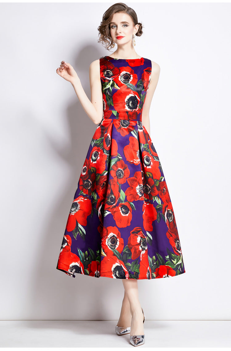 Sleeveless Boat Neck Fitted Vest Box Pleated Skirt Printed Satin Dress - 896#701