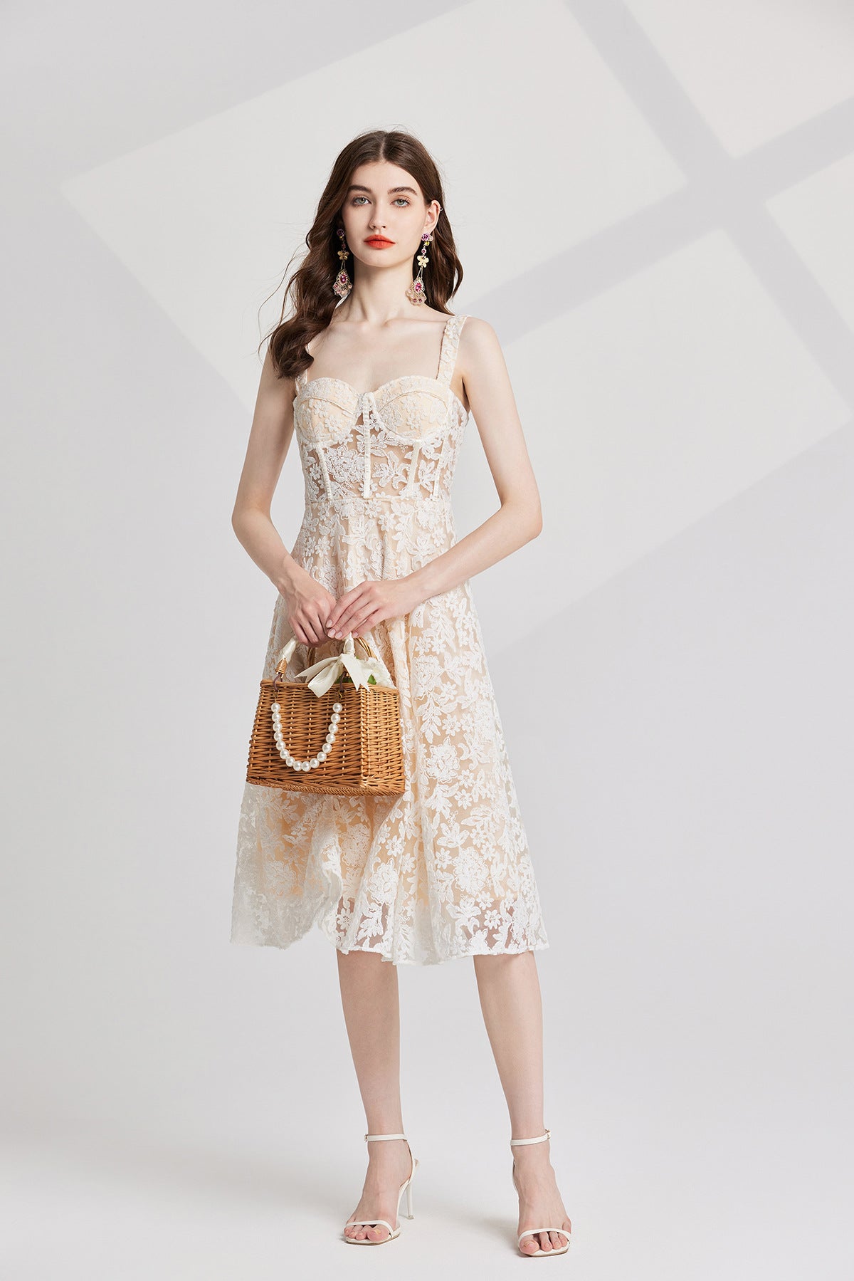 Ivory Lace Garden Dress with Heavy Embroidered Mesh Flocking and Corset Top - 821764686977_BEI (EOSS)