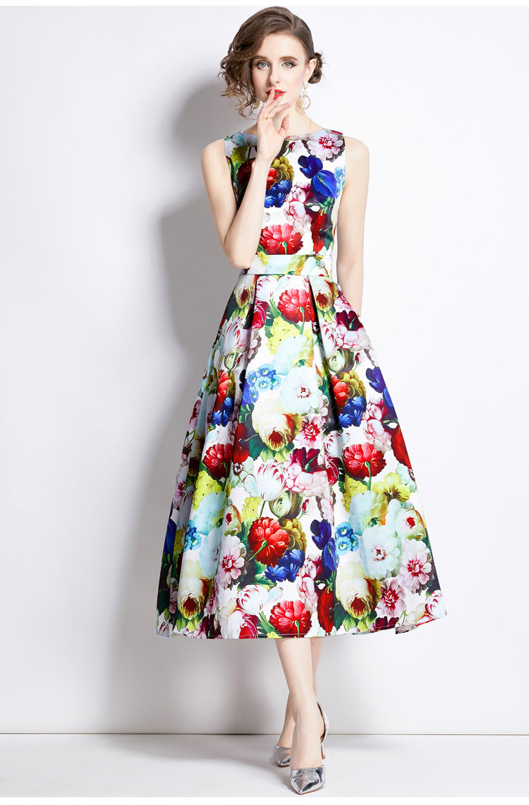 Sleeveless Boat Neck Fitted Vest Box Pleated Skirt Printed Satin Dress - 893#701