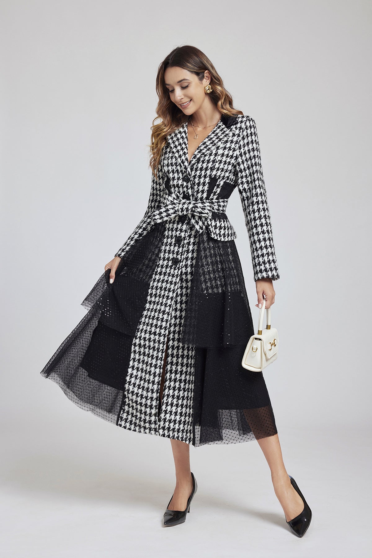 Houndstooth Noir Sequin Coat-Dress - 849998226262_BLACK