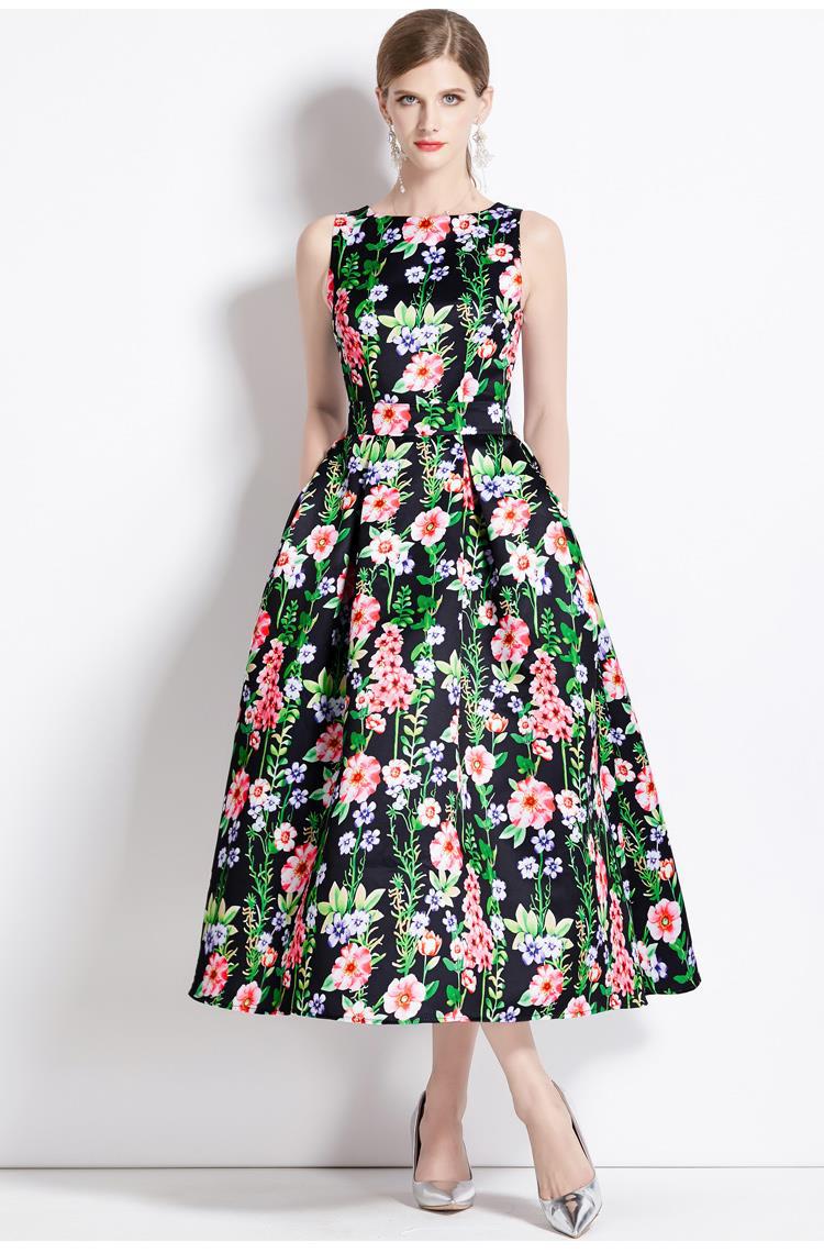 Sleeveless Boat Neck Fitted Vest Box Pleated Skirt Printed Satin Dress - 9080#701