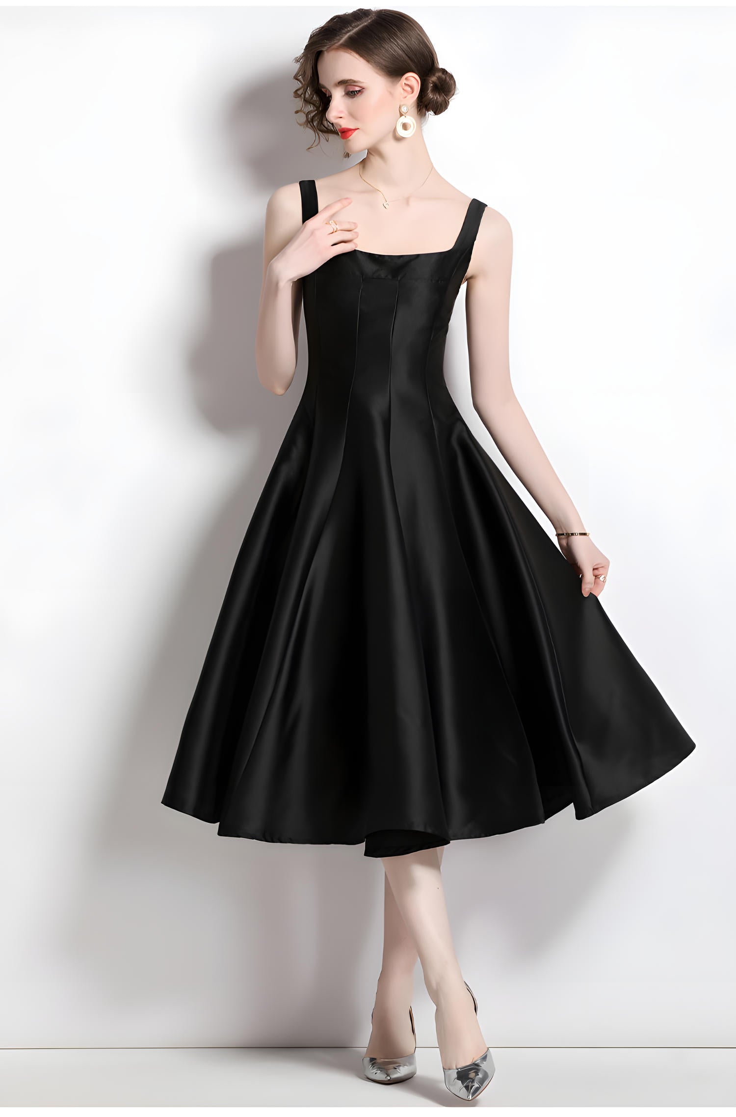 Retro Style Hepburn Skirt Fitted Vest Suspender Black Satin Dress - 709216290151_BAS (EOSS)