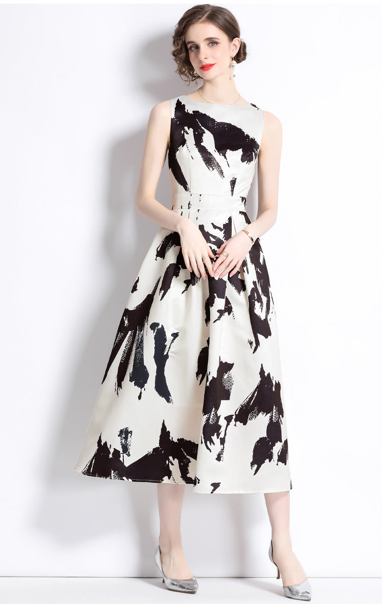 Sleeveless Boat Neck Fitted Vest Box Pleated Skirt Printed Satin Dress - 9068#701