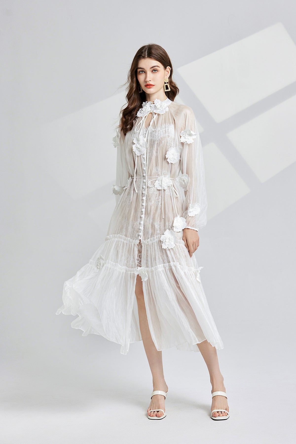 French Lace Floral Embellished Maxi Beach Dress with Lace Eyelash Sling And Bottoming Skirt - 834067027238