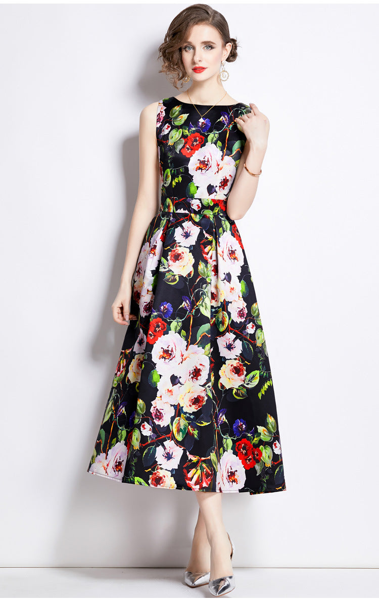 Sleeveless Boat Neck Fitted Vest Box Pleated Skirt Printed Satin Dress - 891#701