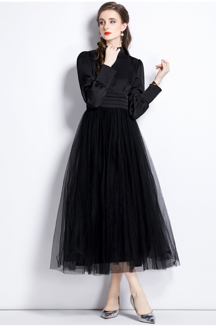 Stand Collar Pleated Vest Satin Blouse Mesh Skirt One Piece Black Dress - 741913477593_BAS