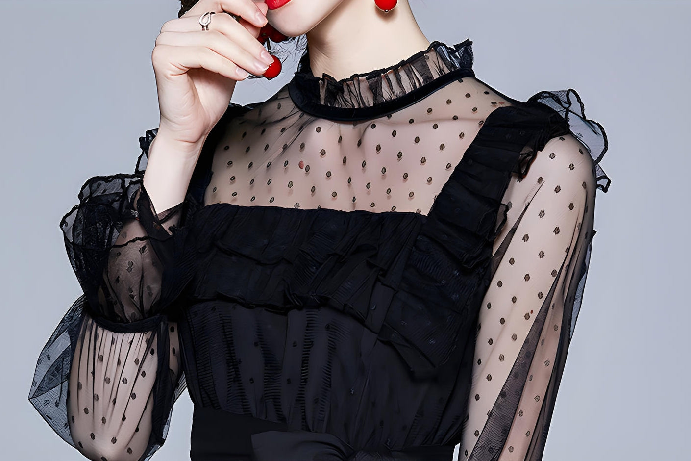 High Neck Polka Dot Mesh Multitier Skirt Elasticated Waist  Full Sleeve Black Dress With Satin Belt - 637810172088_BAS