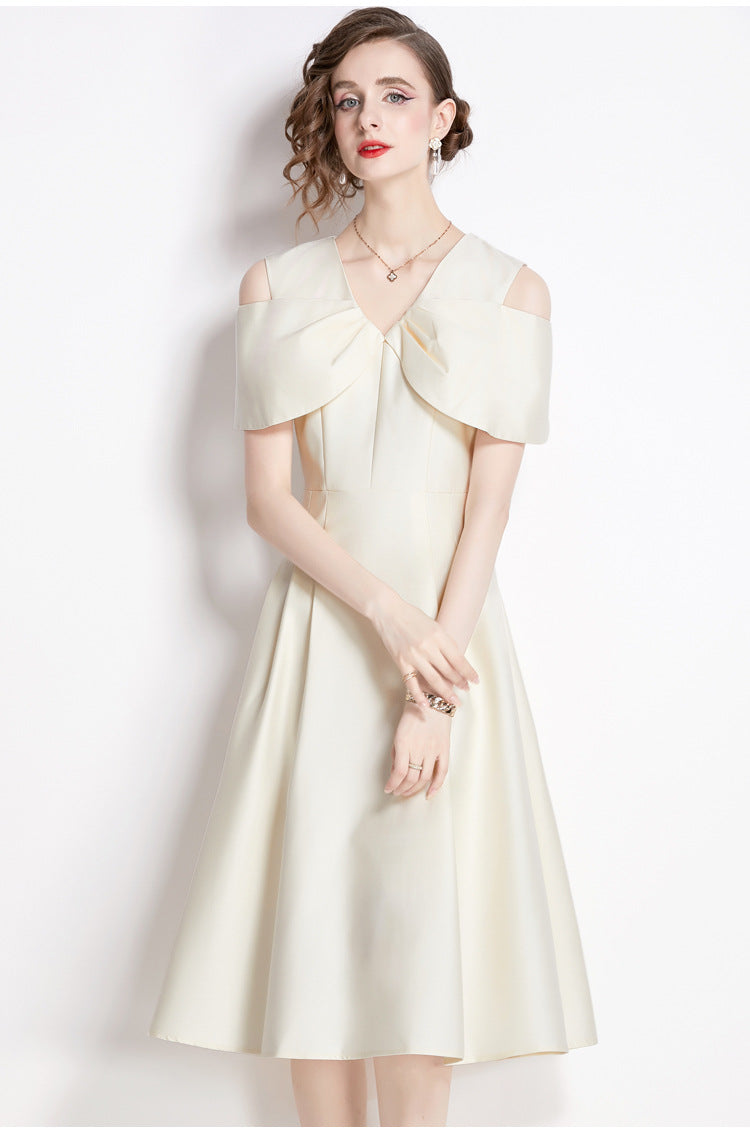 Off Shoulder V - Neck Fitted Vest Tucked Pleats Skirt Apricot Solid Satin Dress - NRJ-701A#1645_4