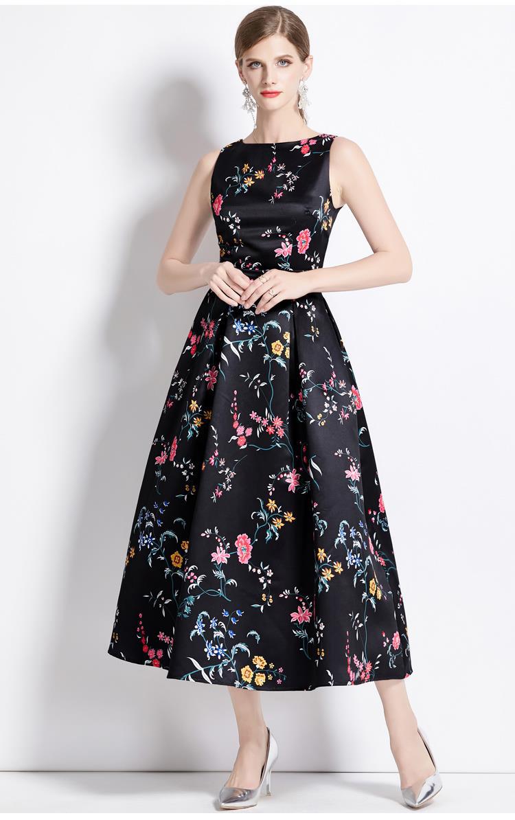 Sleeveless Boat Neck Fitted Vest Box Pleated Skirt Printed Satin Dress - 9088#701