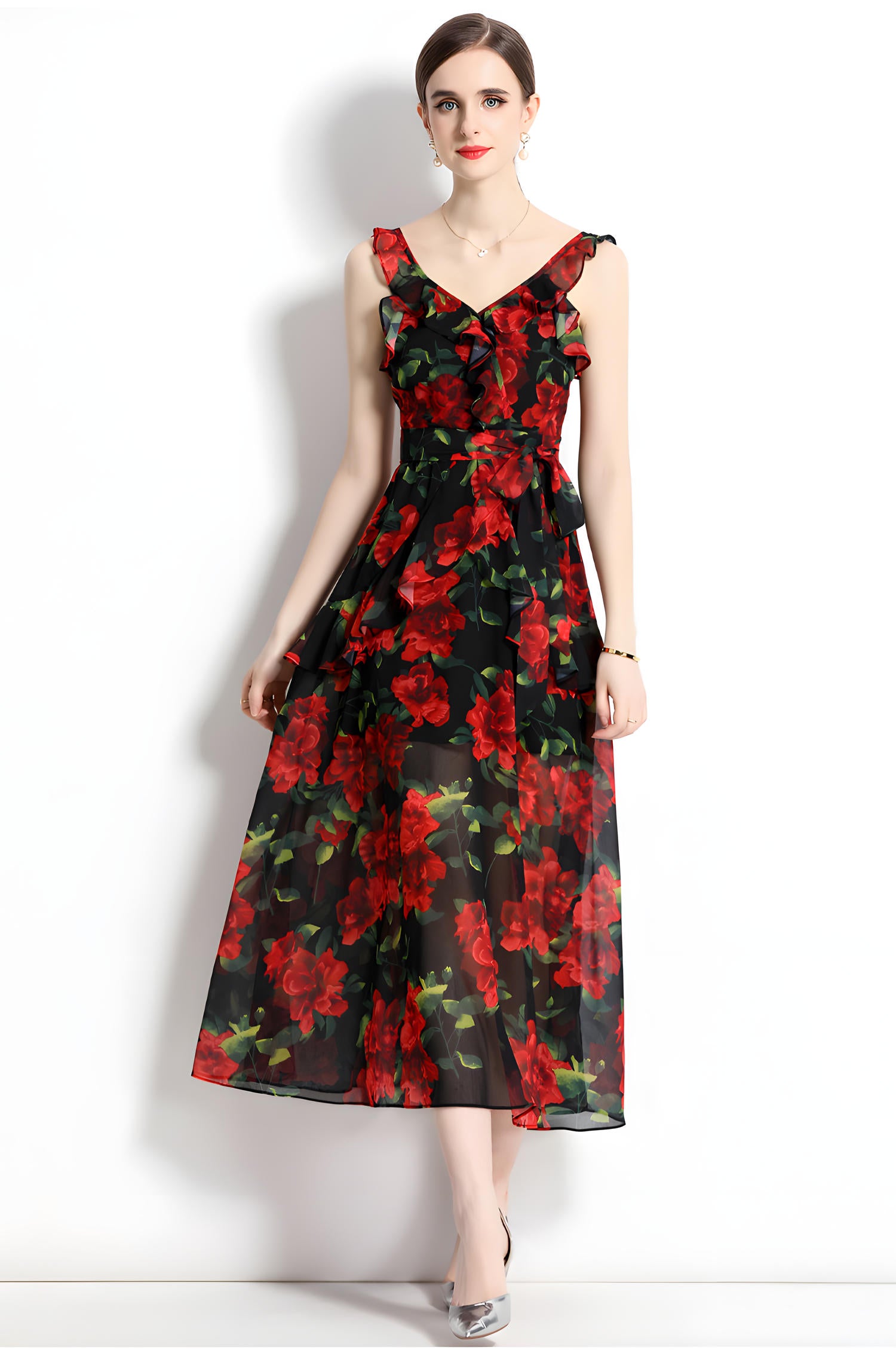 Printed Chiffon Floral Long Skirt Beach Vacation Suspender Dress With Wrap Up Belt - 715132626392_BAS