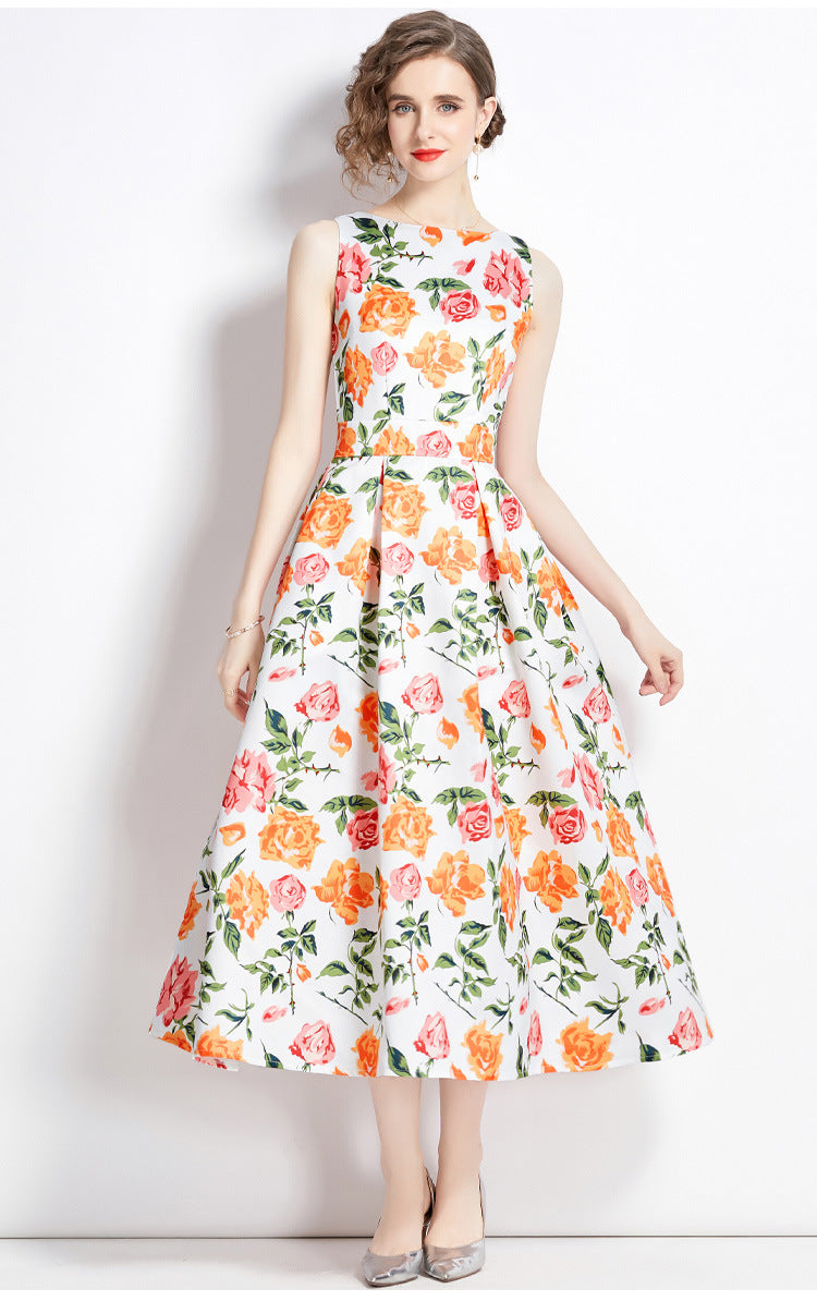 Sleeveless Boat Neck Fitted Vest Box Pleated Skirt Printed Satin Dress- 9053#701_BAS