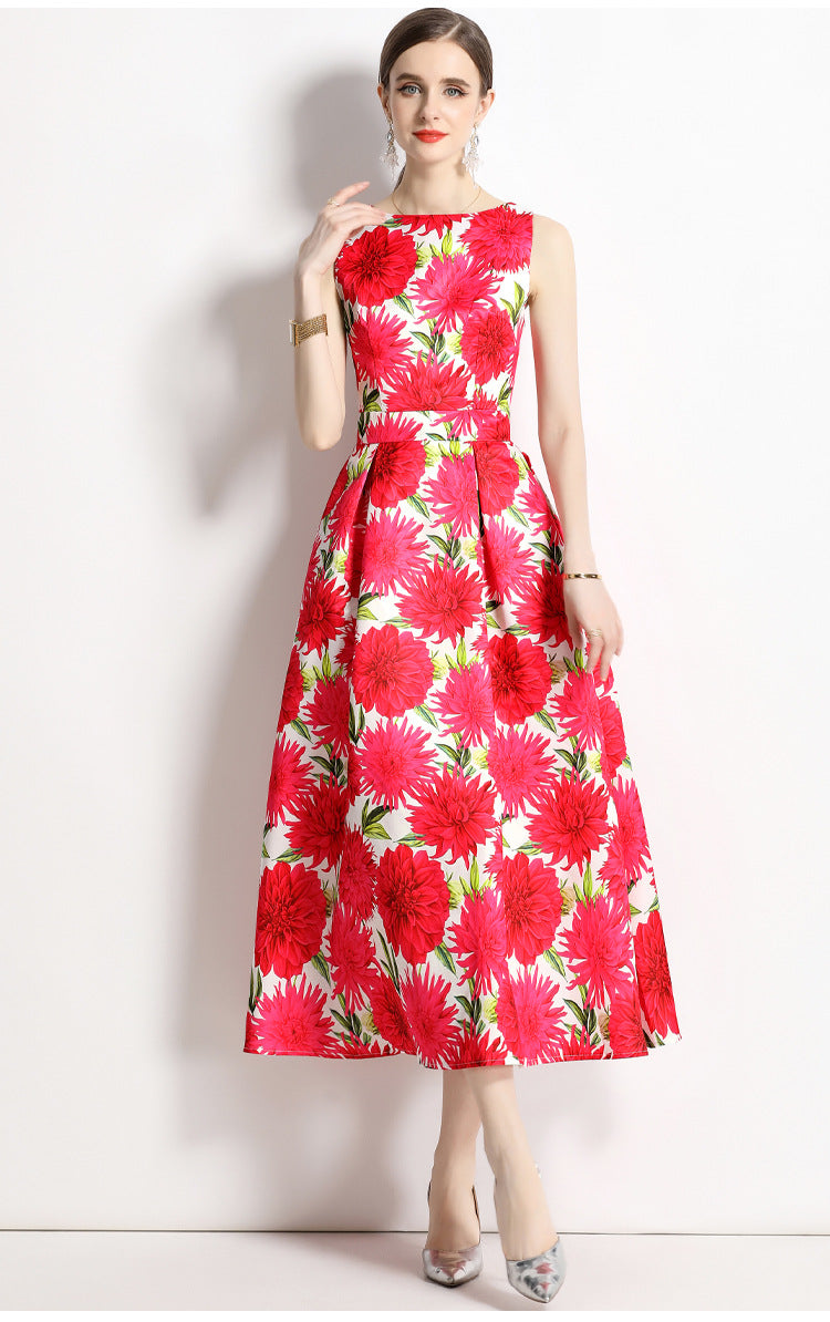 Sleeveless Boat Neck Fitted Vest Box Pleated Skirt Printed Satin Dress - 9006#701_BAS