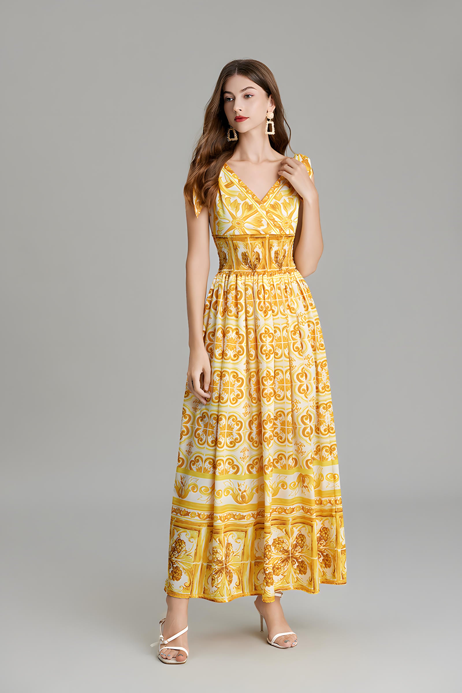 Celadon Print V-Neck Blue A Line Long Dress With Elasticated Wait - 815251322071_YEL