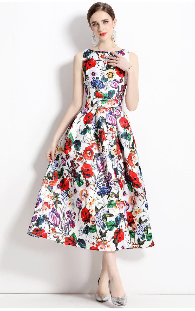 Sleeveless Boat Neck Fitted Vest Box Pleated Skirt Printed Satin Dress - 710550577474_BAS