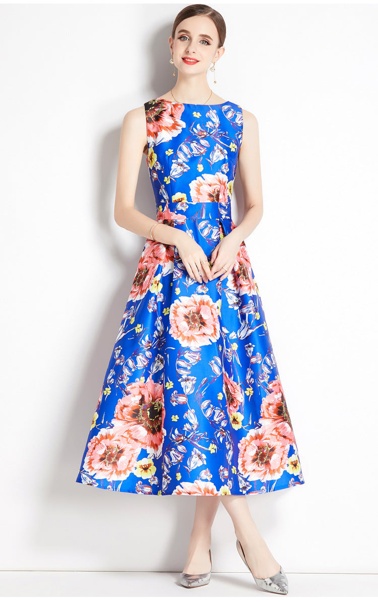 Sleeveless Boat Neck Fitted Vest Box Pleated Skirt Printed Satin Dress - 806#701_BAS