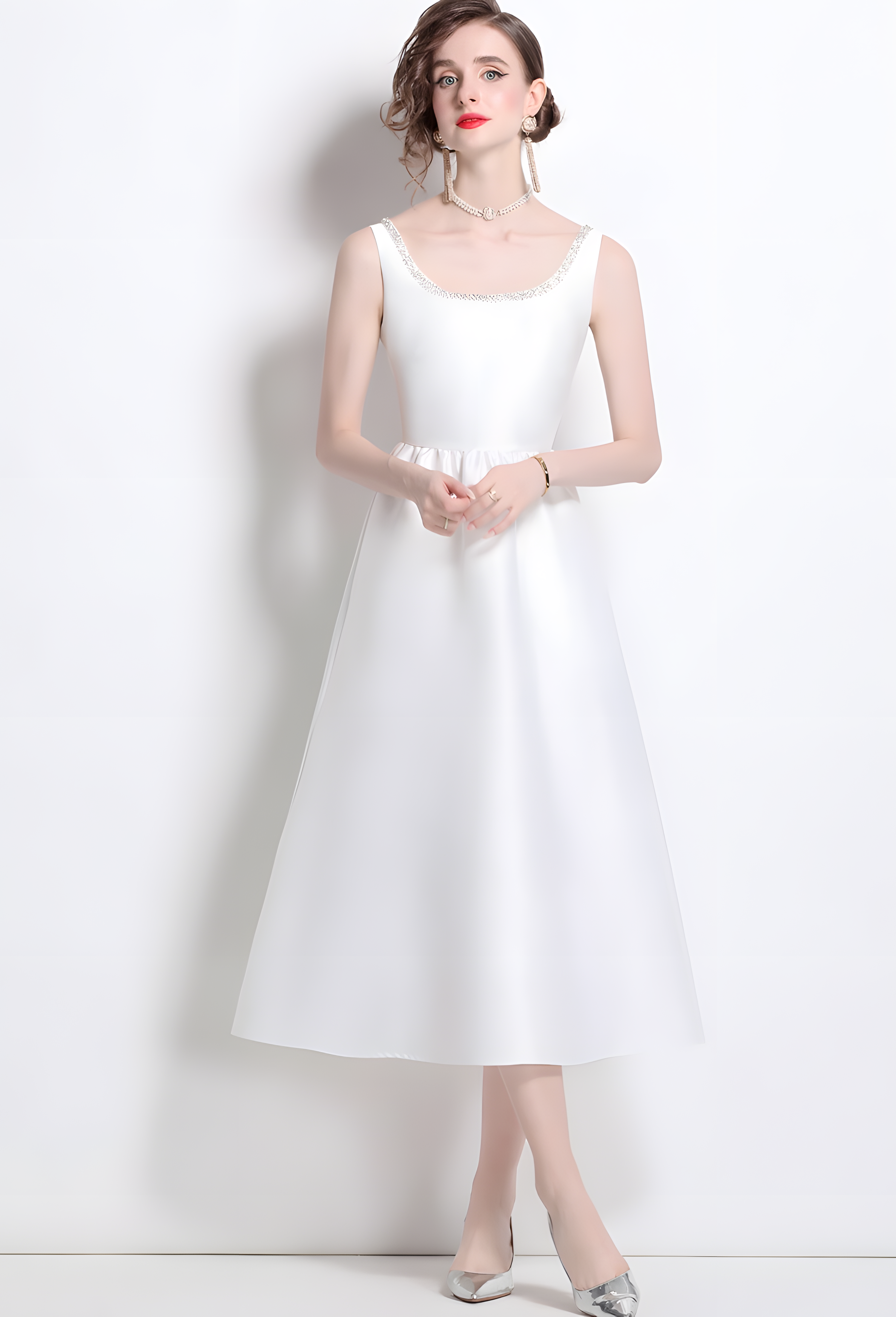 Fitted Vest Armhole Dart White Satin Dress With Jewel Embellished Neckline - 817042148843_BAS