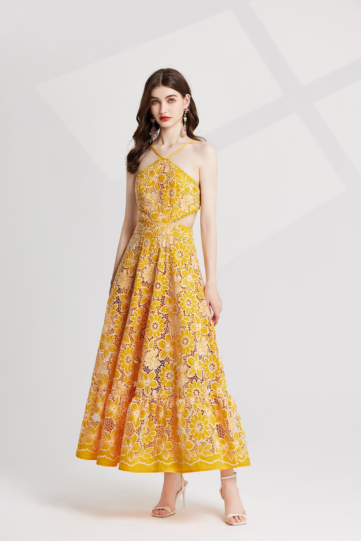 Luxury French Lace Halter Neck Holiday Breeze Black Dress - 829851111269_YEL