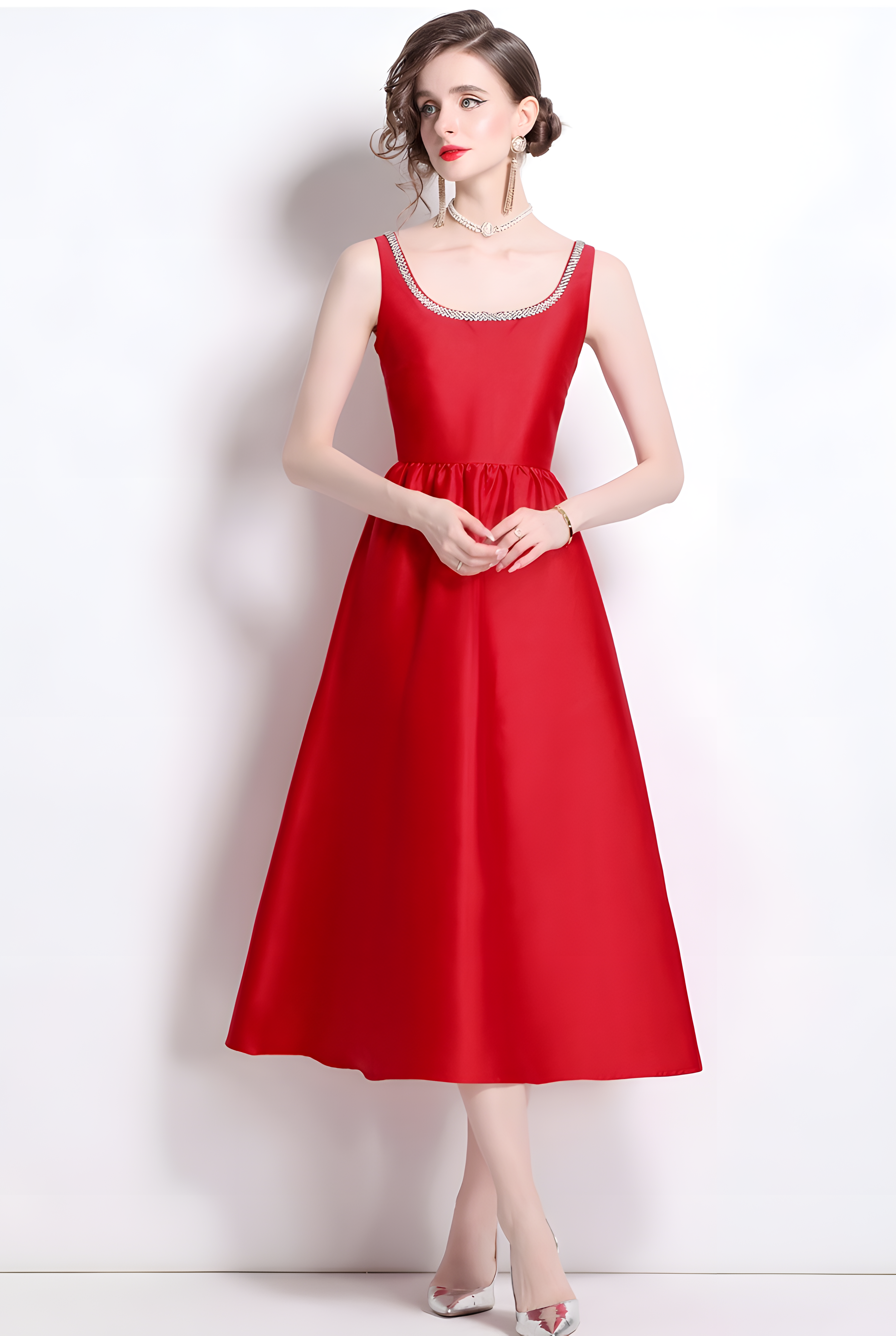 Fitted Vest Armhole Dart Red Satin Dress With Jewel Embellished Neckline - 816757242555_BAS