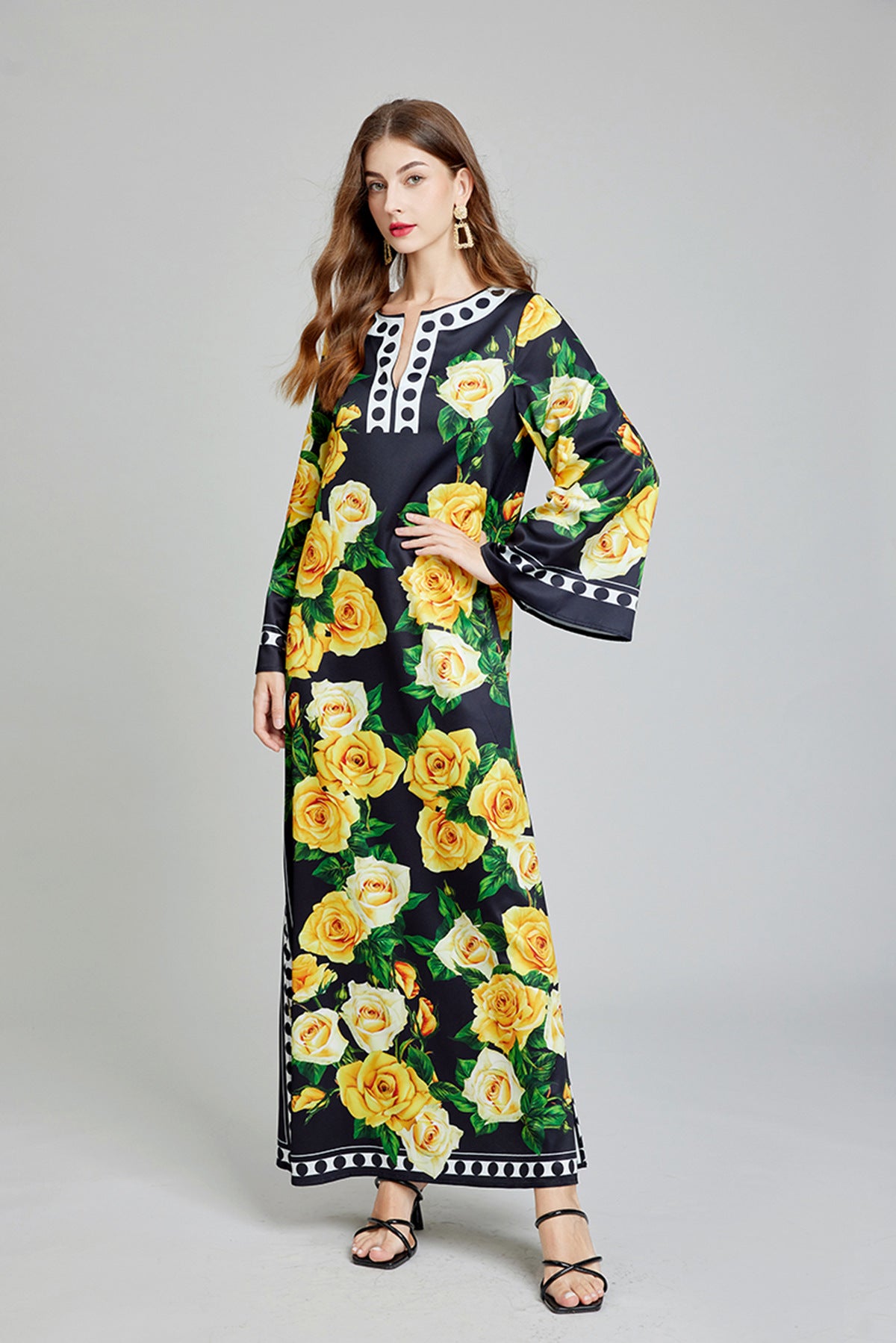 Golden Bloom Kaftan Yellow Dress with Vibrant Yellow Rose Floral Pattern - 818939592219_YEL
