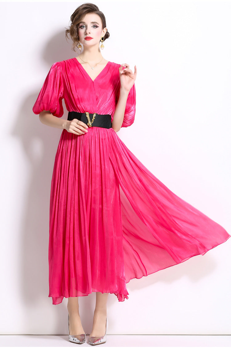 Glossy Pearlescent Chiffon Satin Fabric Lantern Sleeve Rose Red Dress with Belt - 826597659866_BAS