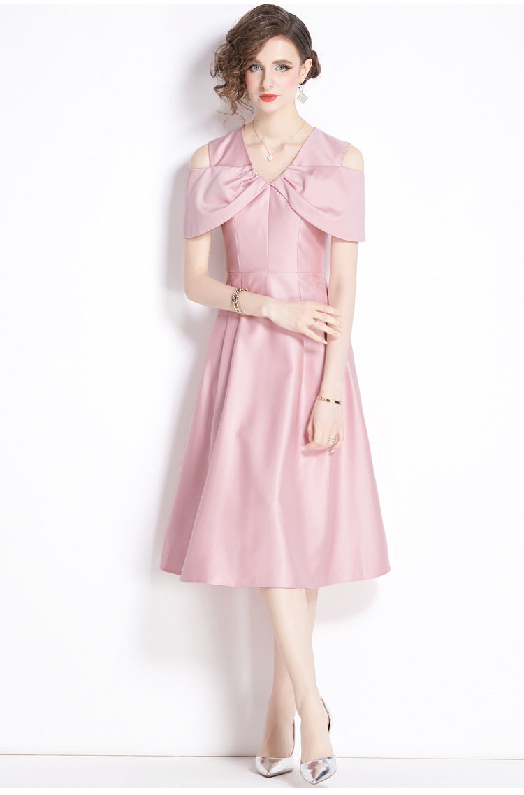 Off Shoulder V - Neck Fitted Vest Tucked Pleats Skirt Pink Solid Satin Dress - NRJ-701A#1645_3