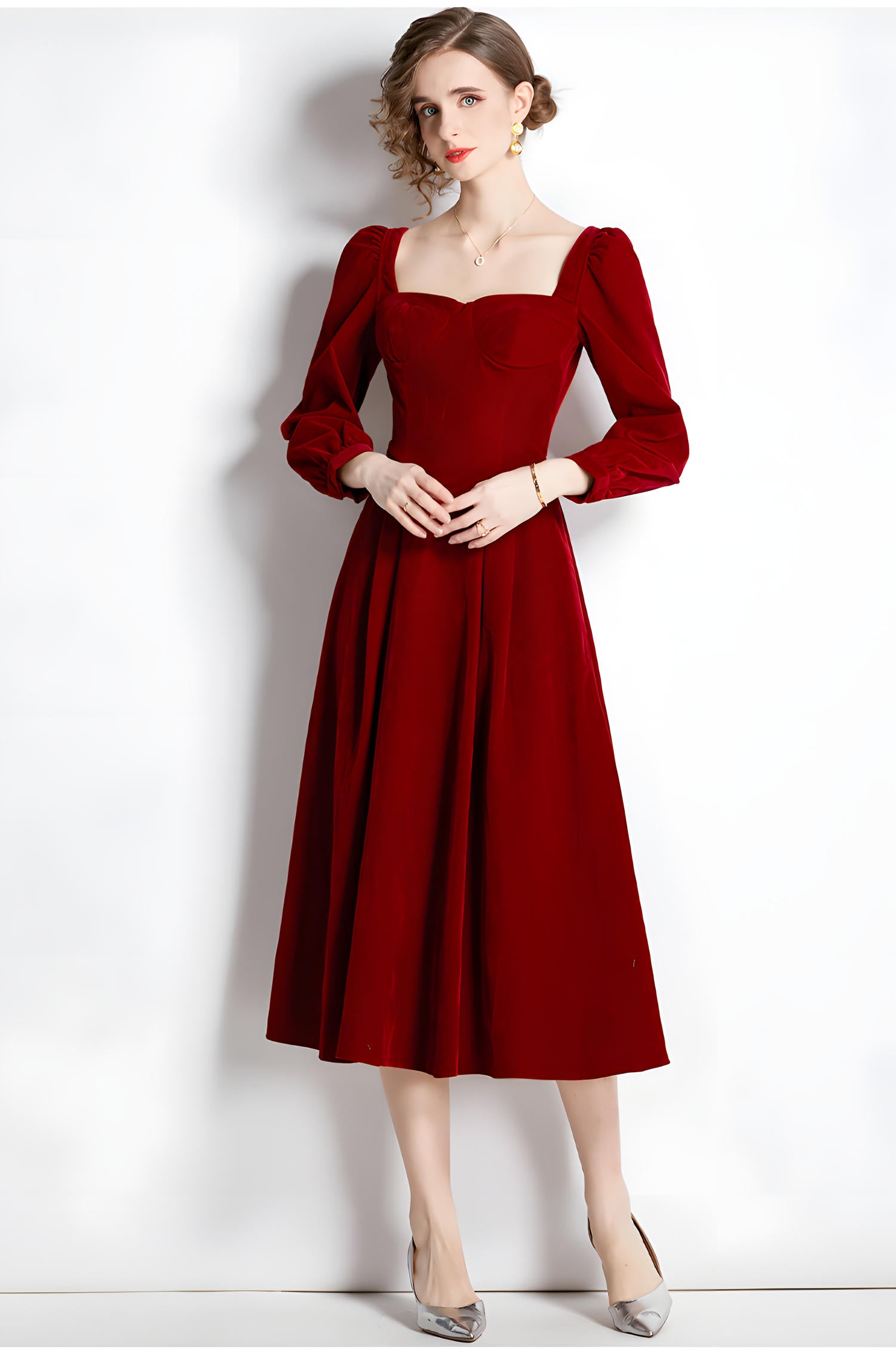 French Retro Sweetheart Neckline Corset Top Full Sleeves Pleated Skirt Velvet Scarlet Dress - 687113837683_SCA